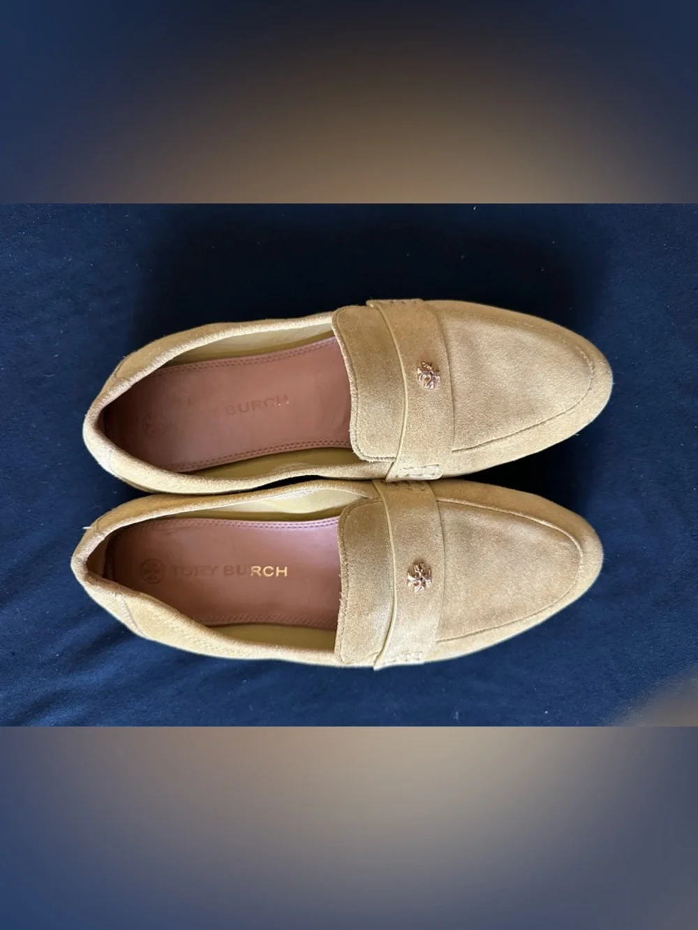 Tory Burch Mustard Yellow Suede Penny Loafers with Gold Emblem Ballet shoes 7.5 - Picture 16 of 16